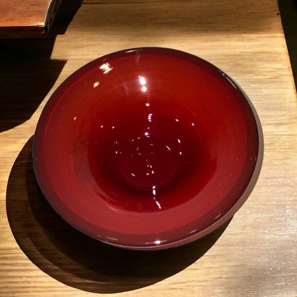 Blown Art Glass Bowl Dish Studio Signed Rust Burgundy Round Clear Handle - Picture 2 of 7